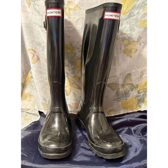 Hunter Original Tall Rain Boots - Gloss Black 17” Tall Size Female 7/male 6 - Picture 1 of 15